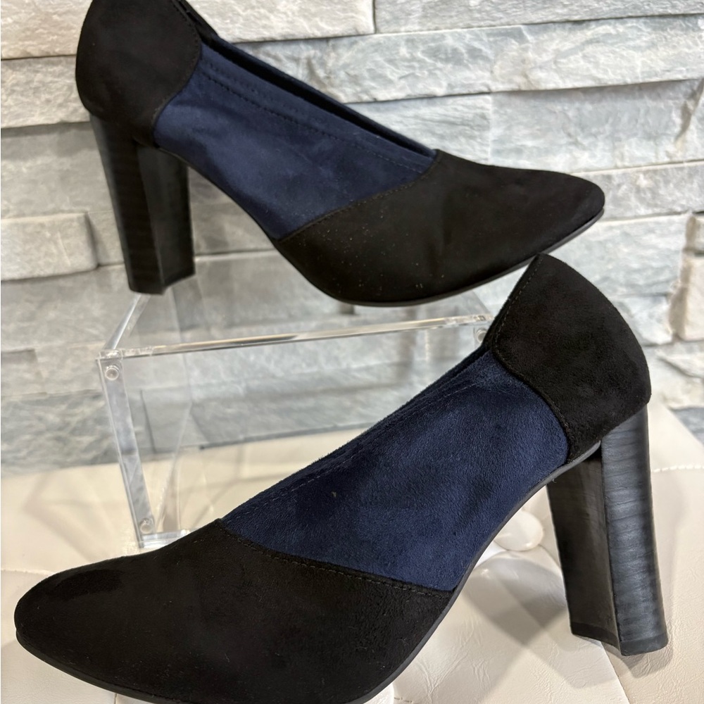 Classic Black Suede Block Heel Pumps with Navy